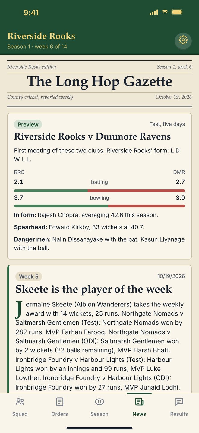 The Long Hop Gazette, with a match preview and the player of the week.